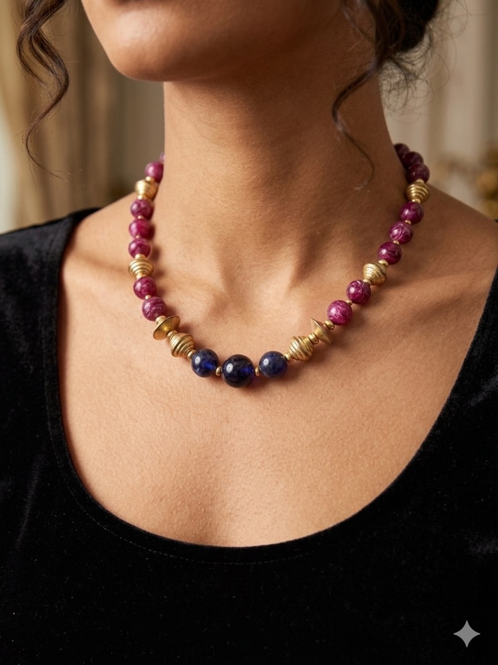 Vintage Mixed Gemstone Acrylic Bead Necklace Magenta Deep Blue Gold Tone Saucers